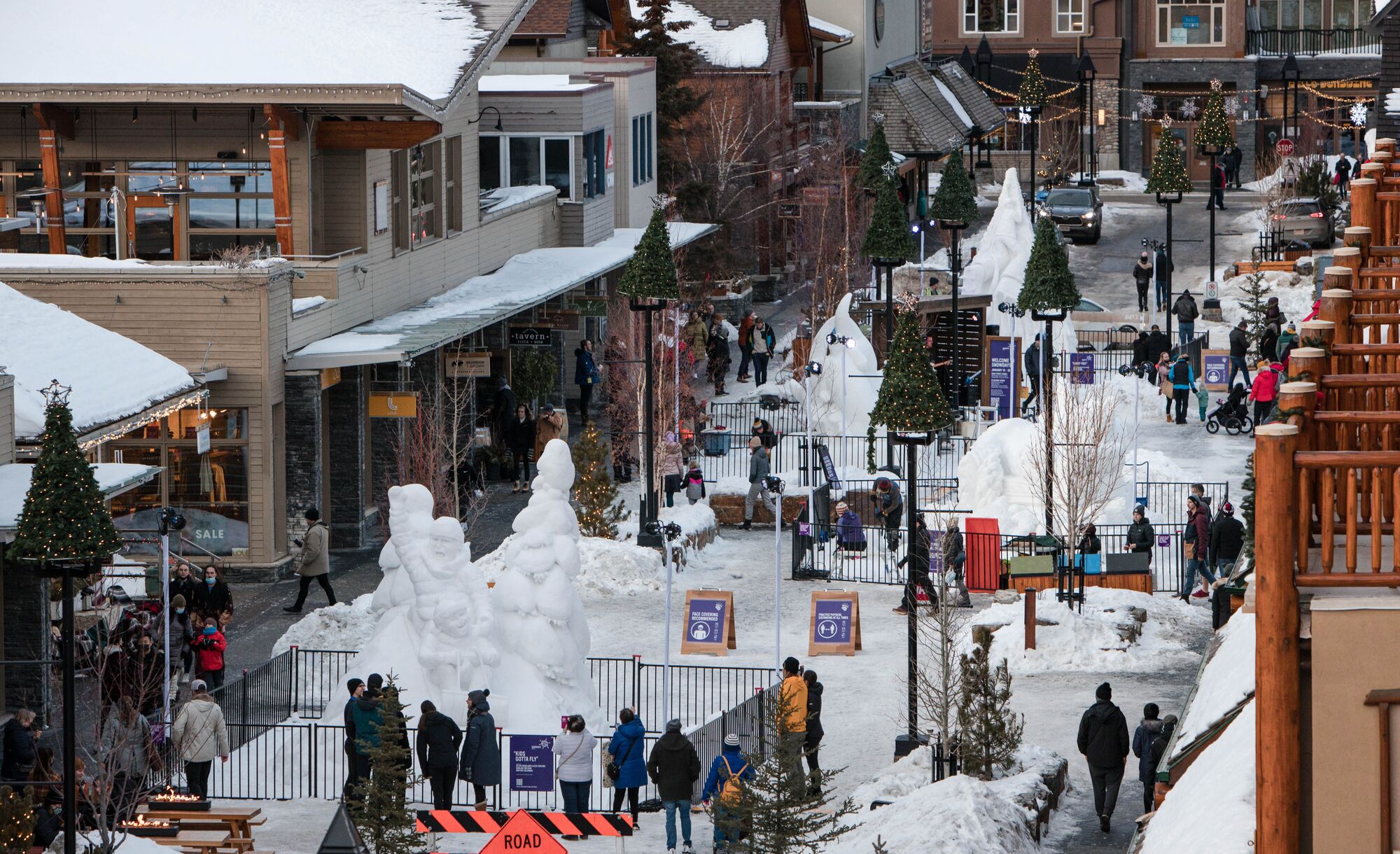 The snow sculpture exhibition at Bear Street during SnowDays Festival 2022 in Banff National Park. 